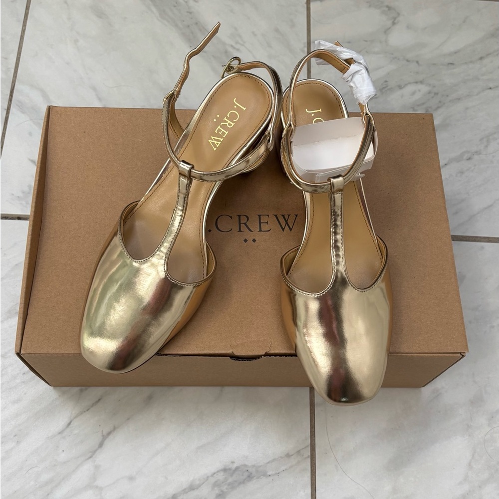 J. Crew Factory Metallic Gold T-Strap Low Heel Sandals